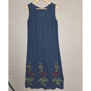 💙 Sarin Vintage 80's Stitched Flowers Maxi Denim Jeans Dress Size 8 Cotton Cott